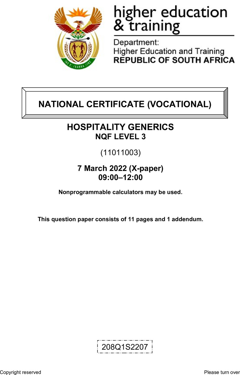 Hospitality Generics L3 QP Feb 2022 Signed Off