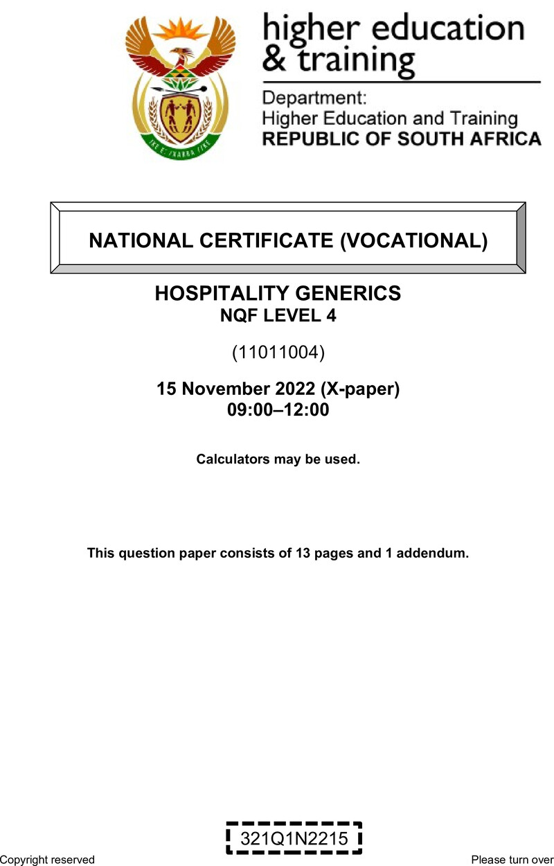 Nc1440 Hospitality Generics L4 QP Nov 2022 Signed Off