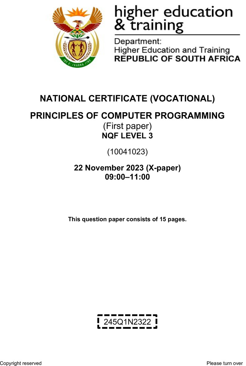 Principles Of Computer Programming L3 P1 QP Nov 2023 preview