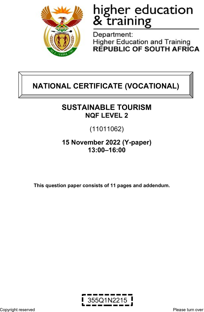 Nc2770 Sustainable Tourism In Sa L2 Nov QP 2022 Moller