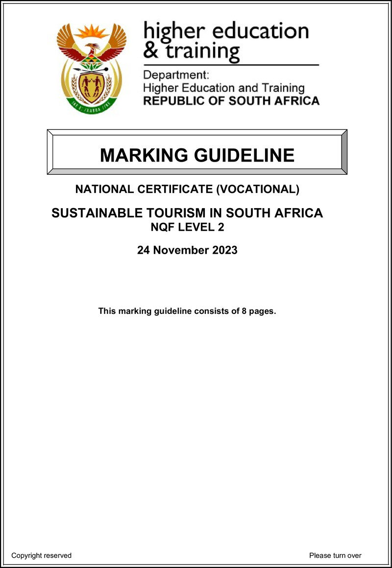 Nc2770 Sustainable Tourism In South Africa L2 Memo Nov 2023 Edited