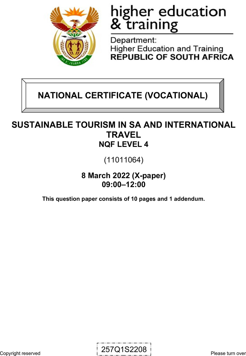 Nc2780 Sustainable Tourism In Sa And International Travel L4 QP Supp 2022 Signed Off