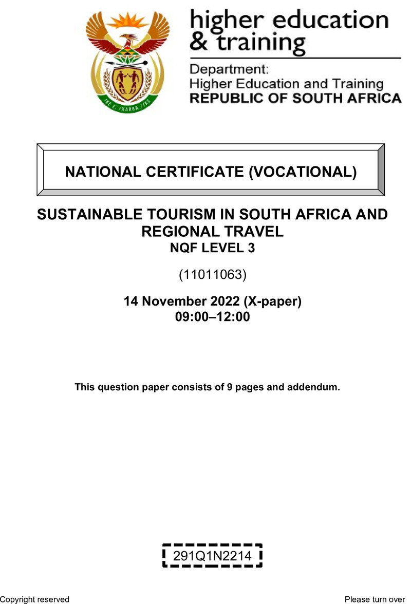 Sustainable Tourism In Sa And Regional Travel L3 Nov 2022 QP preview