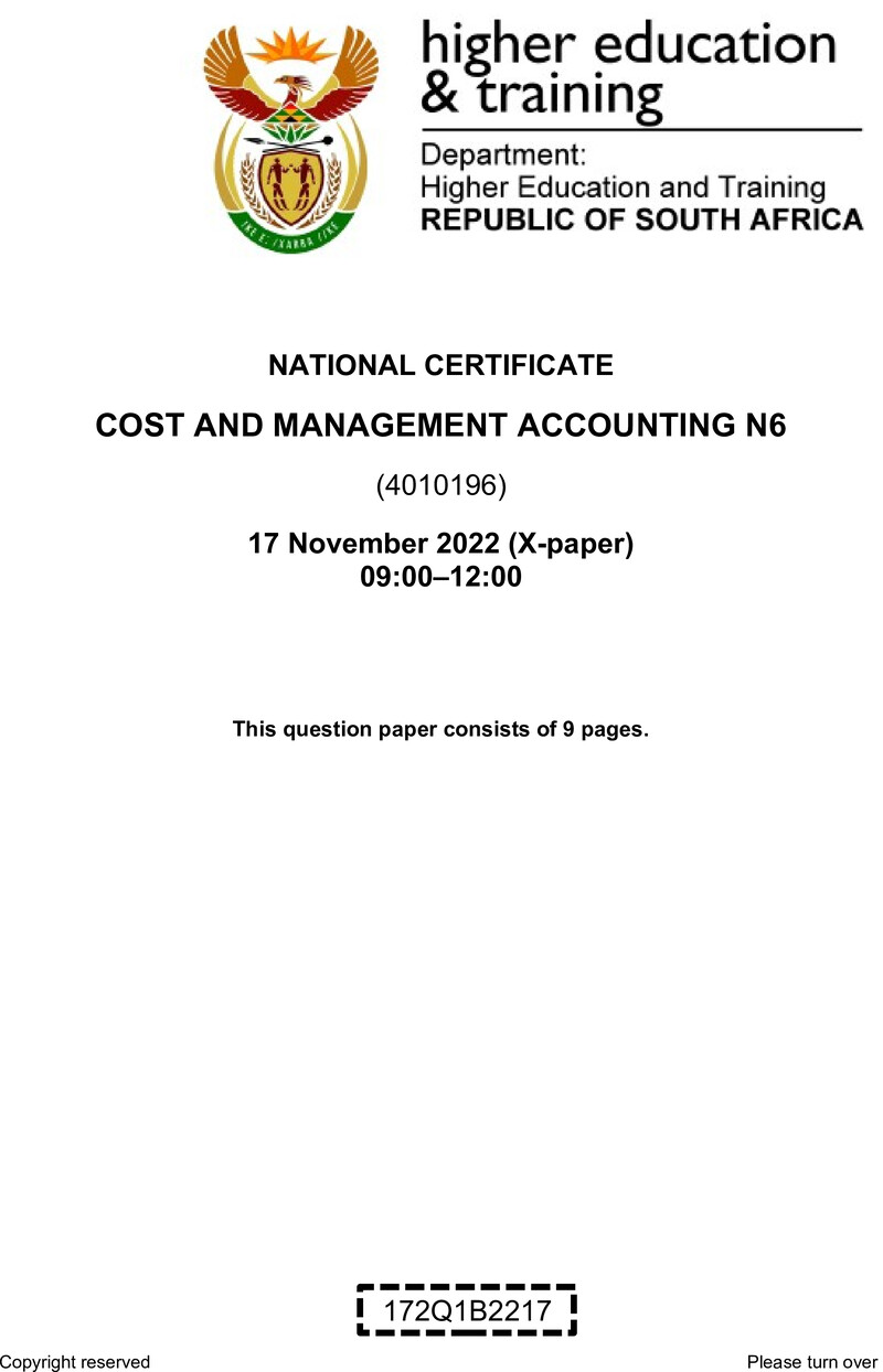 Cost And Management Accounting N6 QP Nov 2022 Van Zyl S