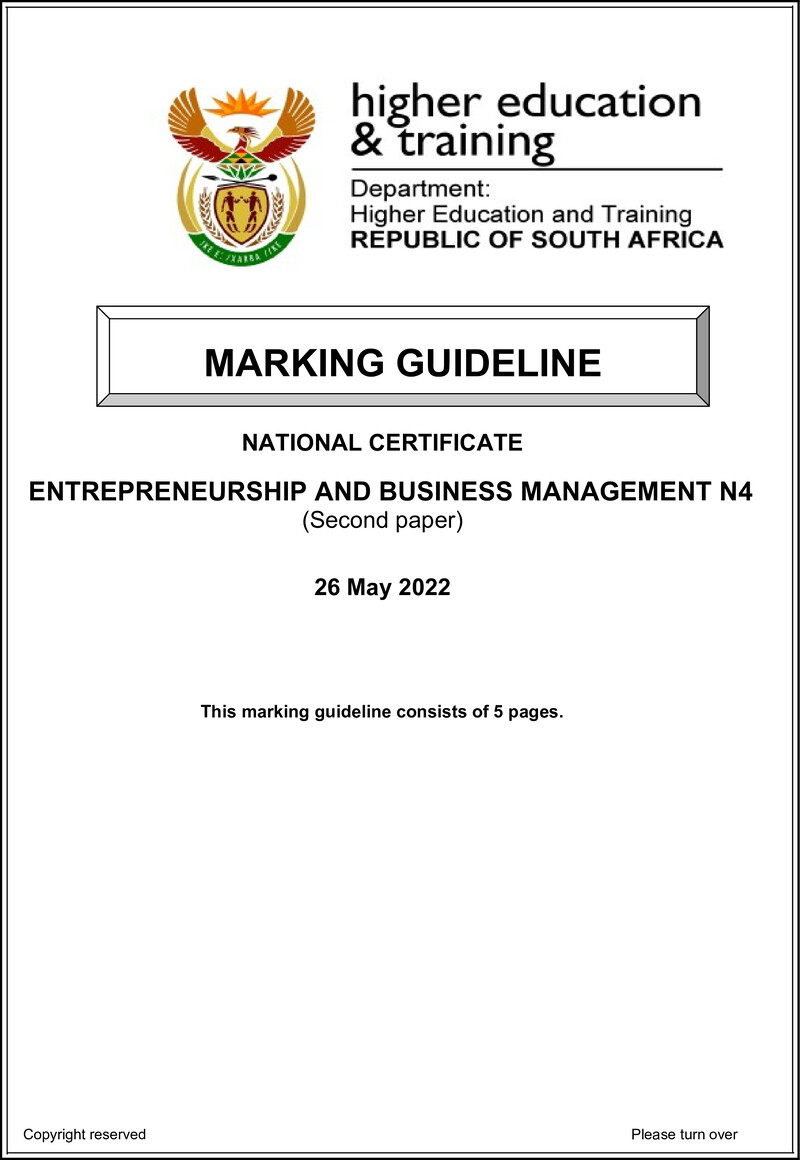 Entrepreneurship And Business Management N4 P2 Memo June 2022Edited