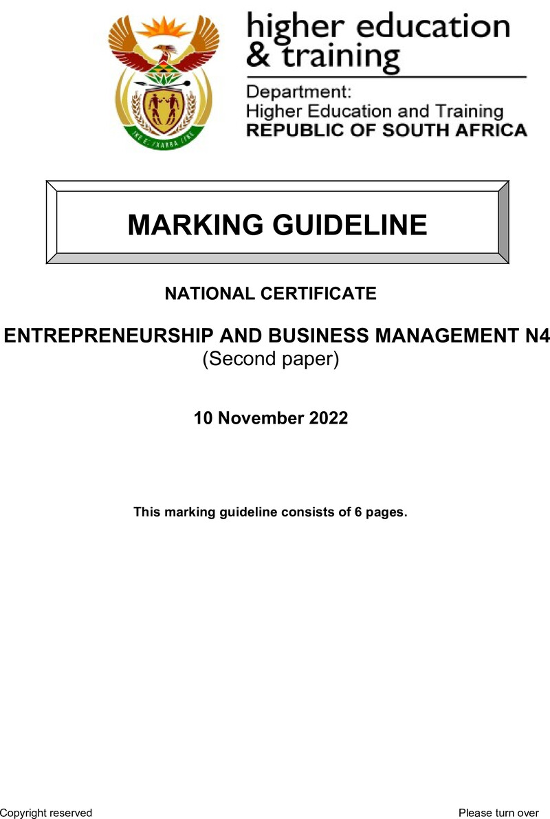 Entrepreneurship And Business Management N4 P2 Memo Nov 2022 Edited