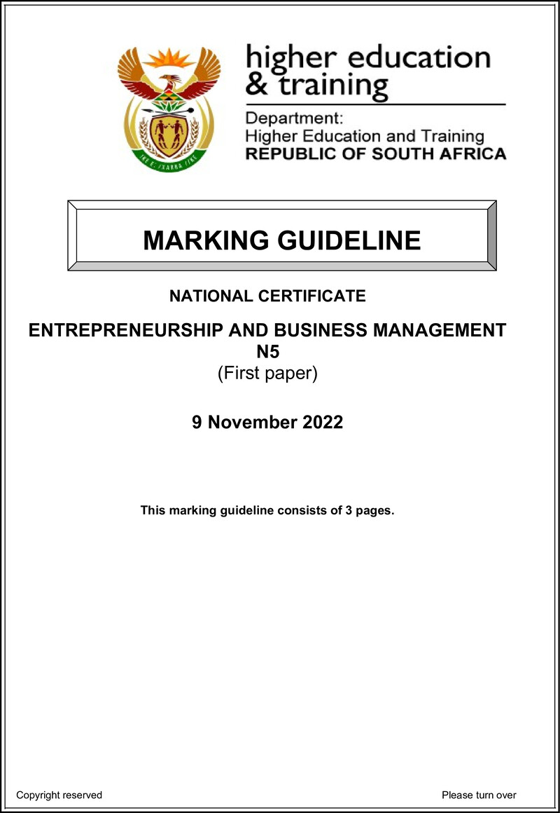 Entrepreneurship And Business Management N5 P1 Nov Memo 2022