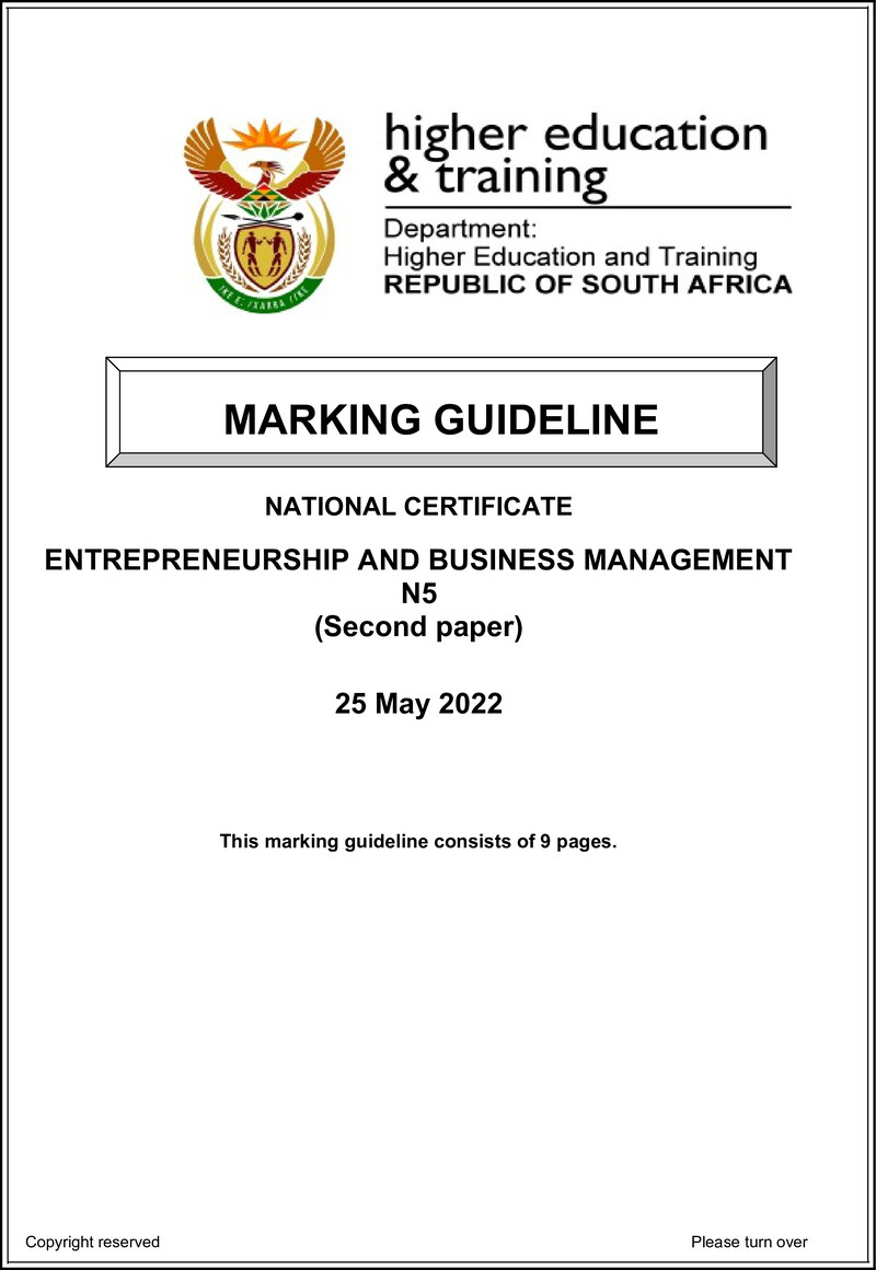 Entrepreneurship And Business Management N5 P2 Memo June 2022 Edited