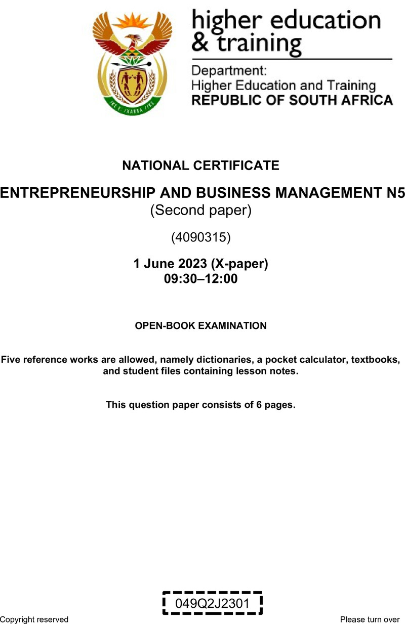 Entrepreneurship And Business Management N5 P2 QP June 2023 Van Zyl S