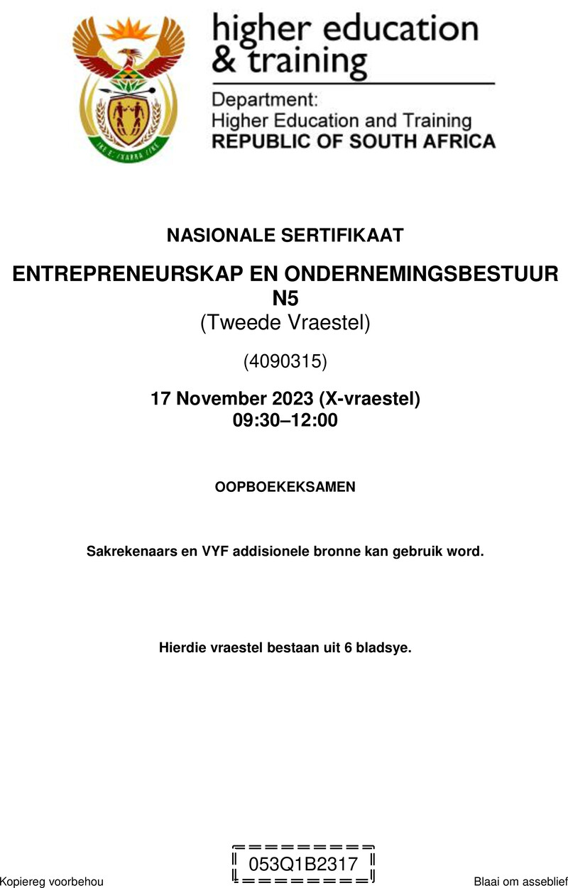 N470 Entrepreneurskap En Ondernemingsbestuur N5 P2 QP Nov 2023