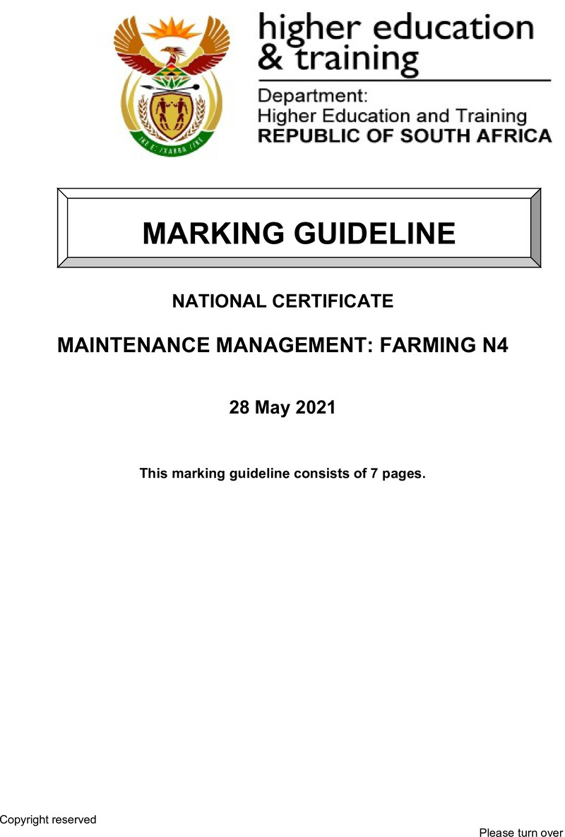 Maintenance Management Farming N4 Memo June 2021