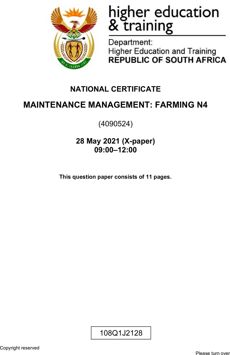 Maintenance Management Farming N4 QP June 2021