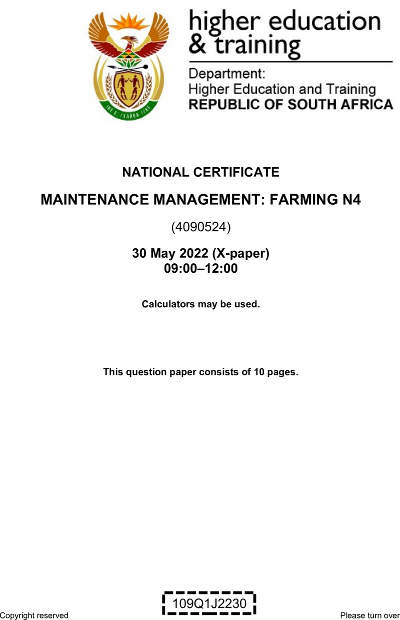 Maintenance Management Farming N4 June QP 2022 Watson