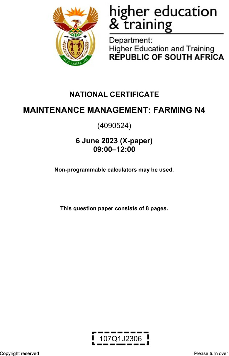 Maintenance Management Farming N4 QP June 2023 Van Zyl S