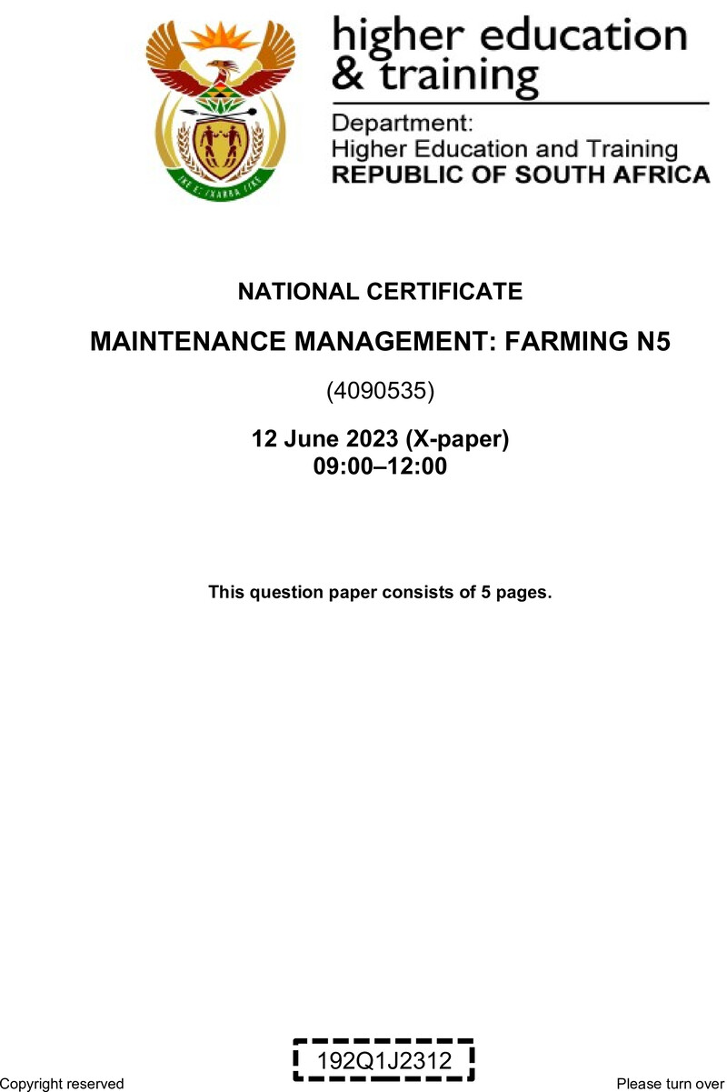 Maintenance Management Farming N5 June QP 2023 Watson preview