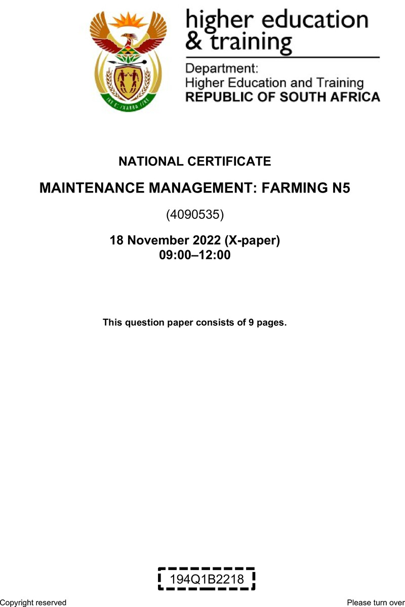 N1010 Maintenance Management Farming N5 QP Nov 2022 Van Zyl S