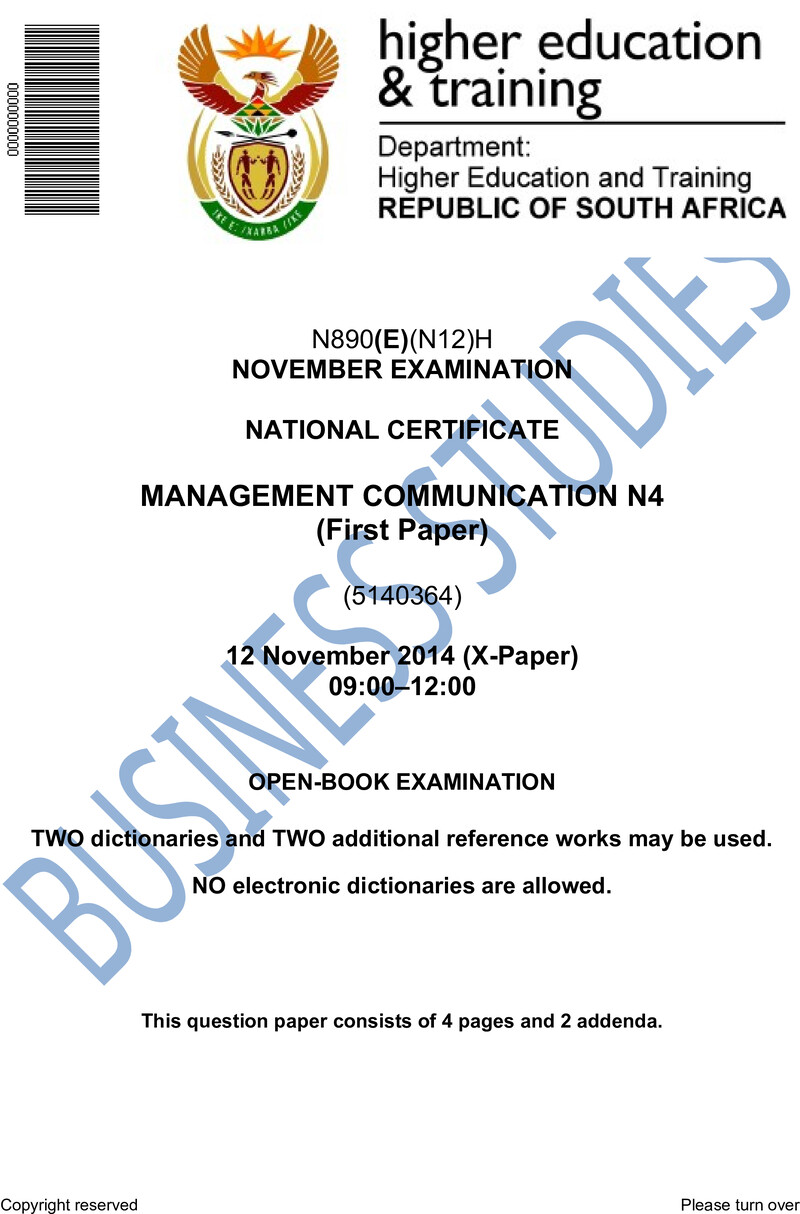 Management Communication N4 P1 Nov 2014 Exam Paper