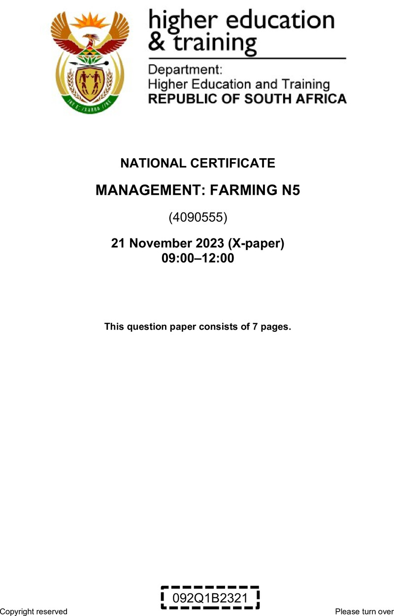 N1050 Management Farming N5 QP Nov 2023 Old Syllabus Van Zyl S