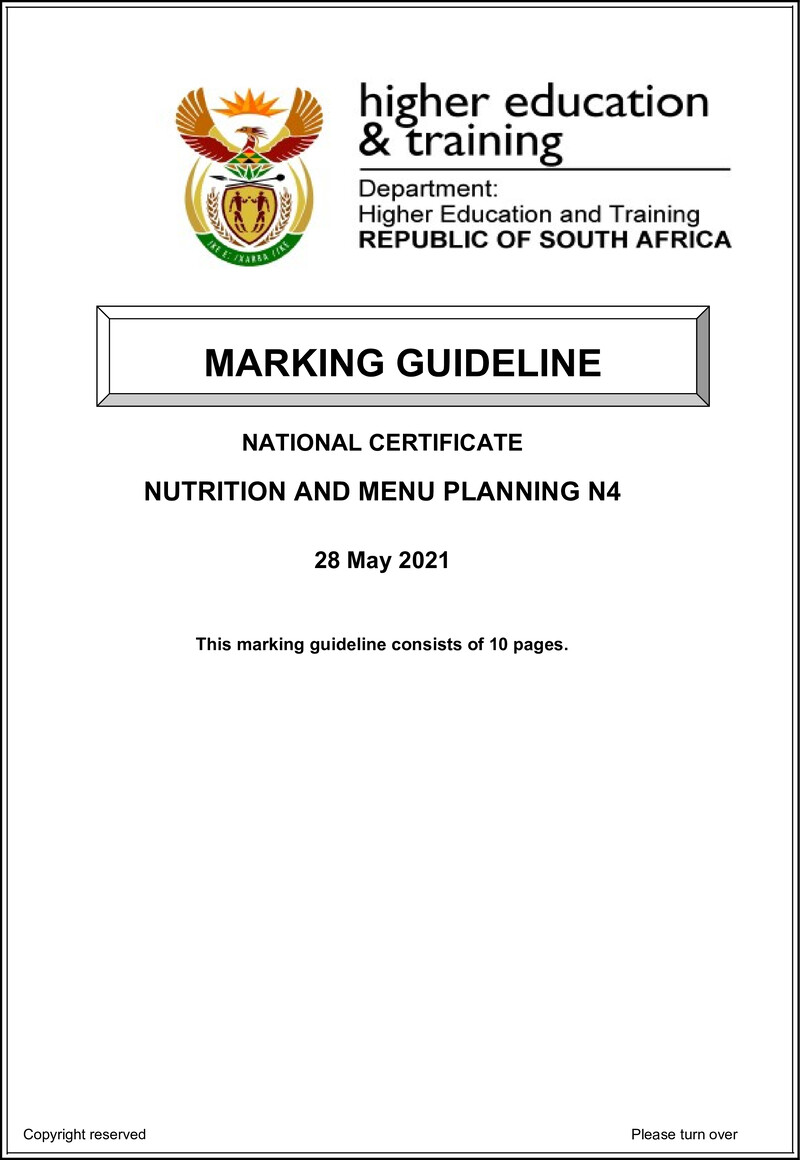 Nutrition And Menu Planning N4 Memo June 2021 Ed