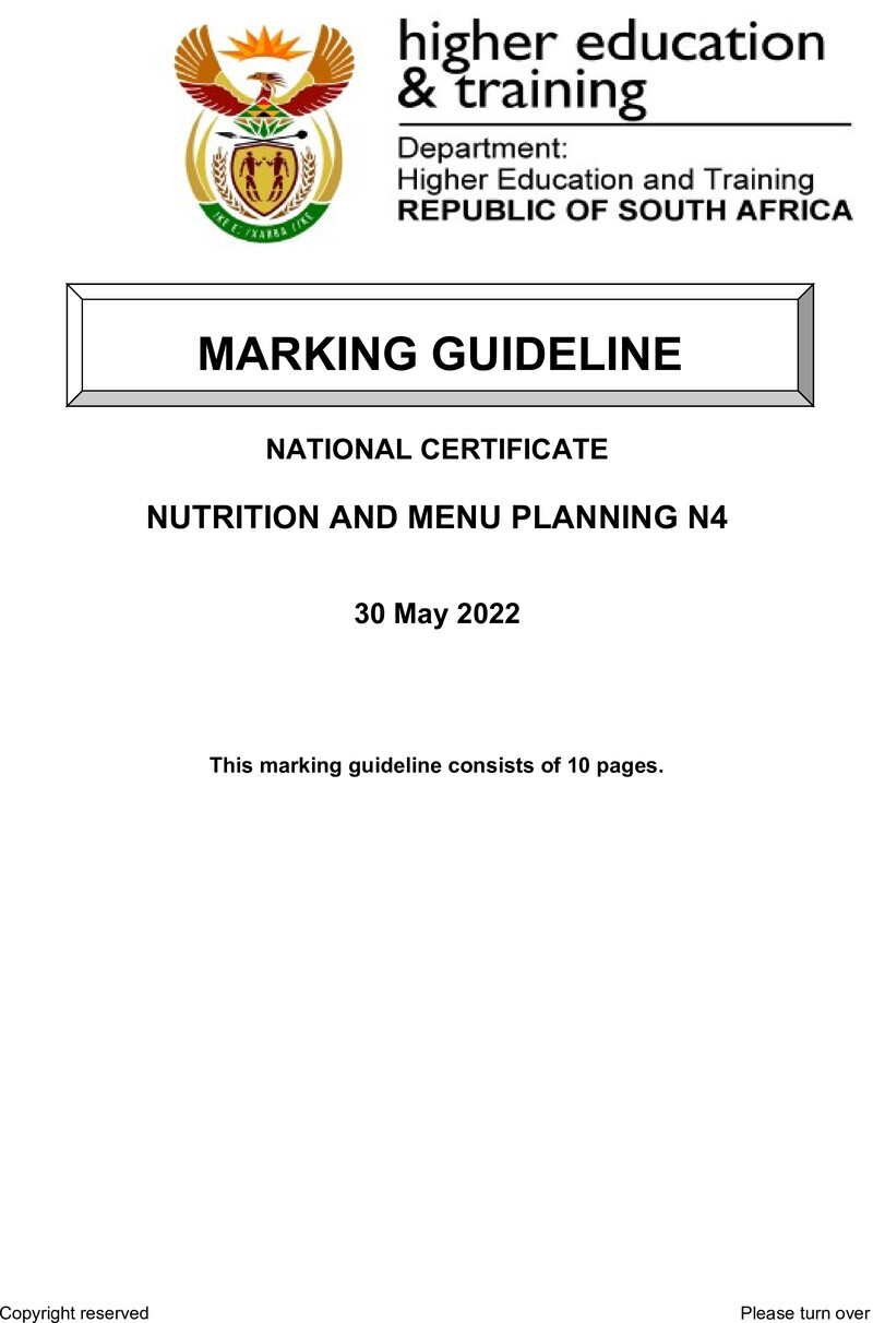 Nutrition And Menu Planning N4 Memo June 2022 De Jager