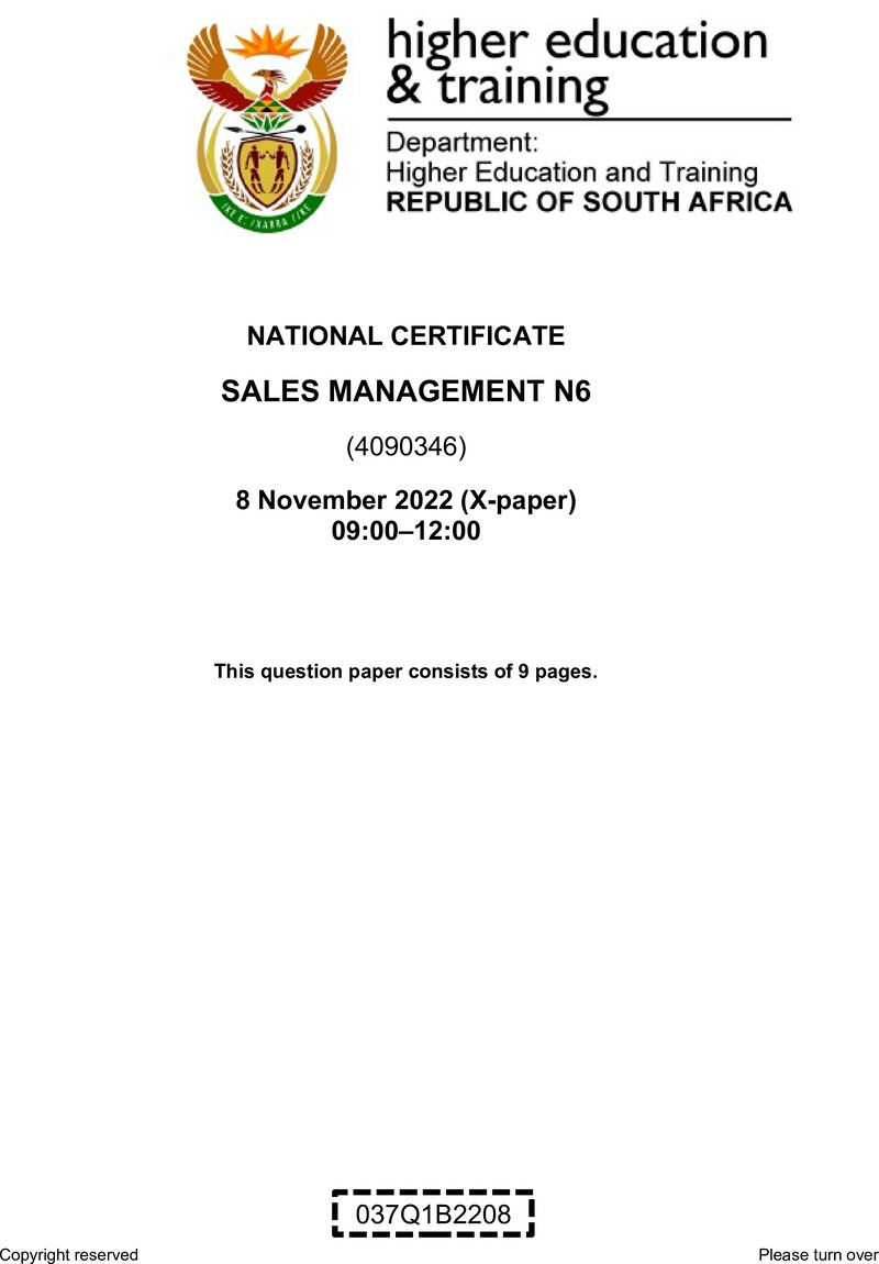Sales Management N6 QP Nov 2022 Van Zyl S