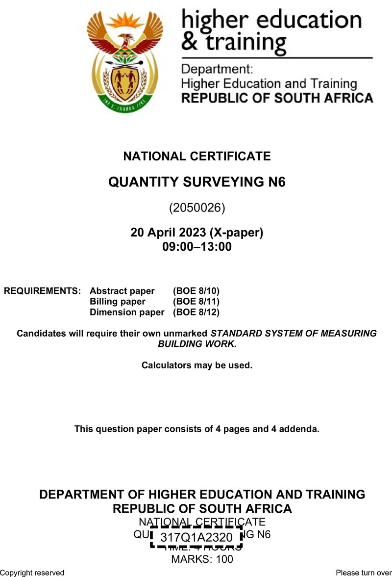 T1460 Quantity Surveying N6 QP April 2023