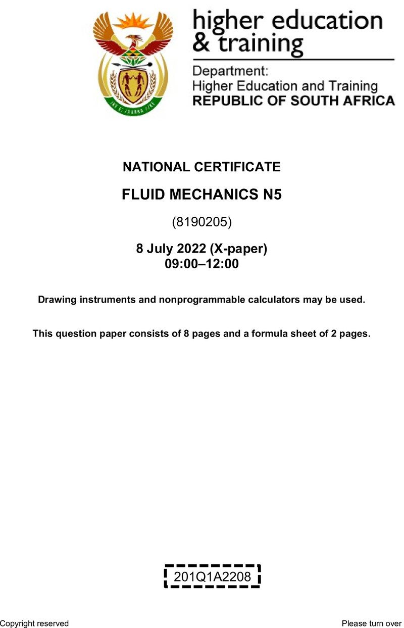 Fluid Mechanics N5 QP Aug 2022