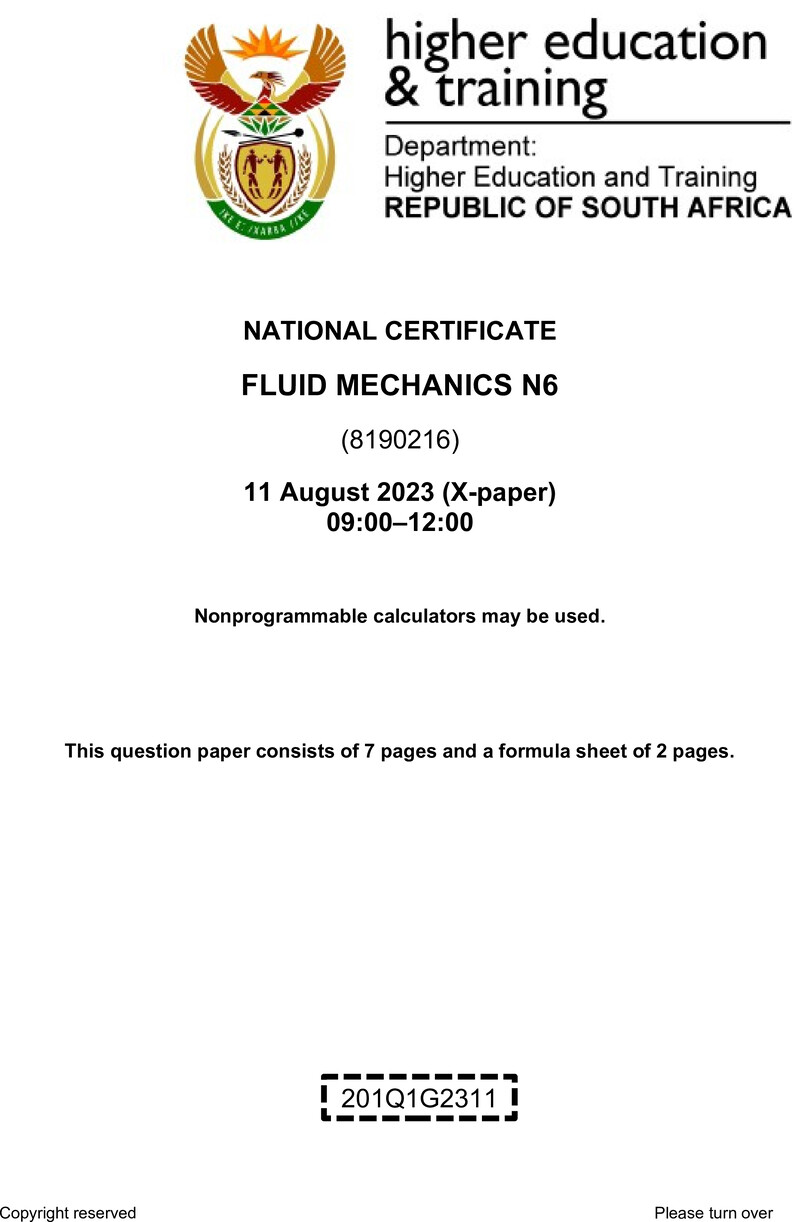 T720 Fluid Mechanics N6 QP Aug 2023