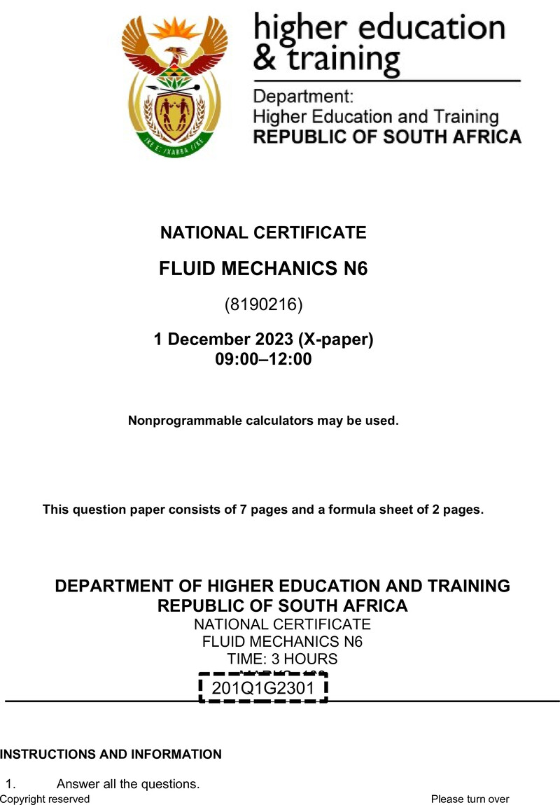 T720 Fluid Mechanics N6 QP Nov 2023 Ed