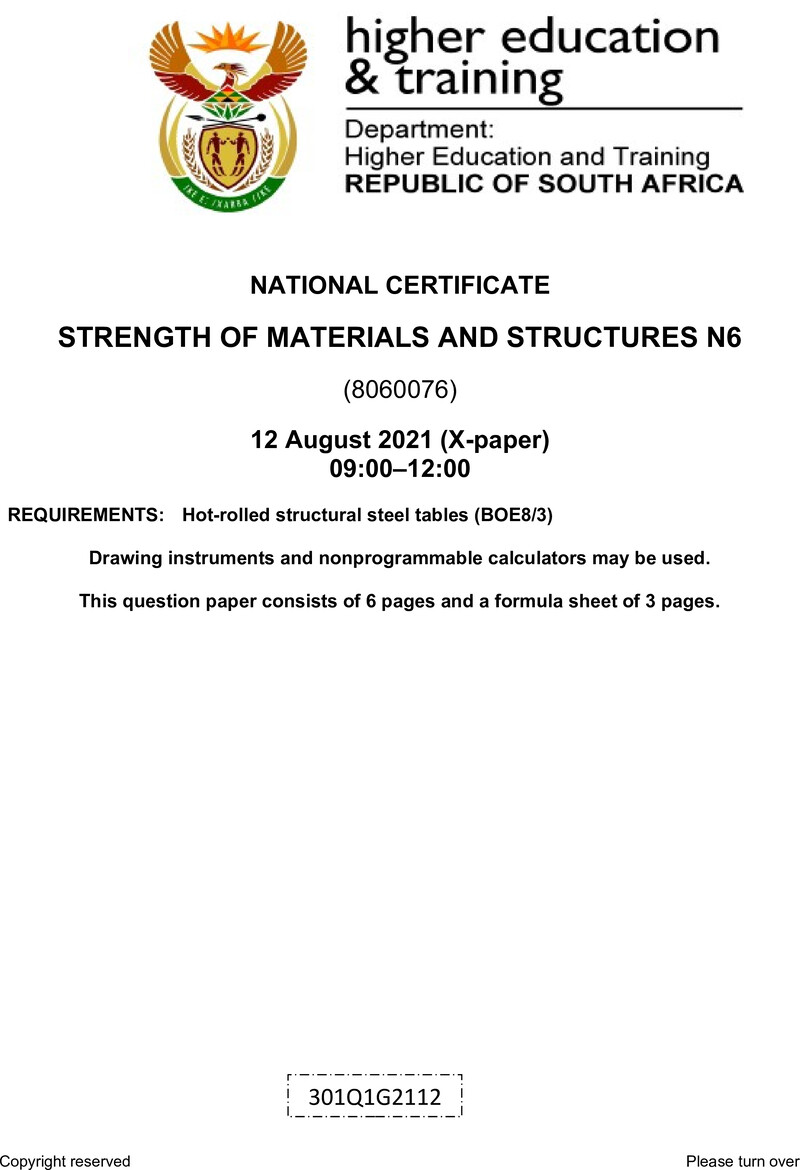 T1660 Strength Of Materials And Structures N6 QP Aug 2021