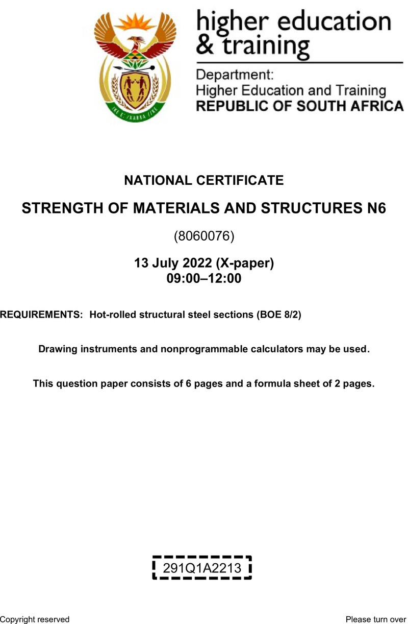 T1660 Strength Of Materials And Structures N6 QP Aug 2022