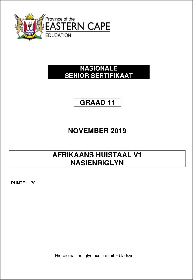 Grade 11 Afrikaans past paper 2019 – afr hl p1 memo nov 2019