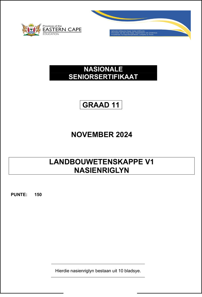 Grade 11 Landbouwetenskappe past paper 2024 – agric sciences p1 memo gr11 nov 2024 afr
