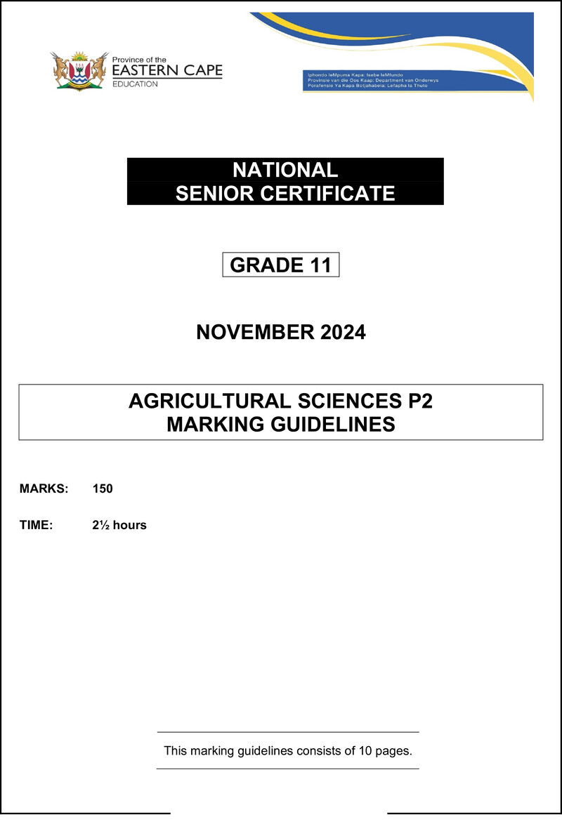 Grade 11 Agricultural Sciences past paper 2024 – agricultural sciences p2 gr11 memo nov2024 eng