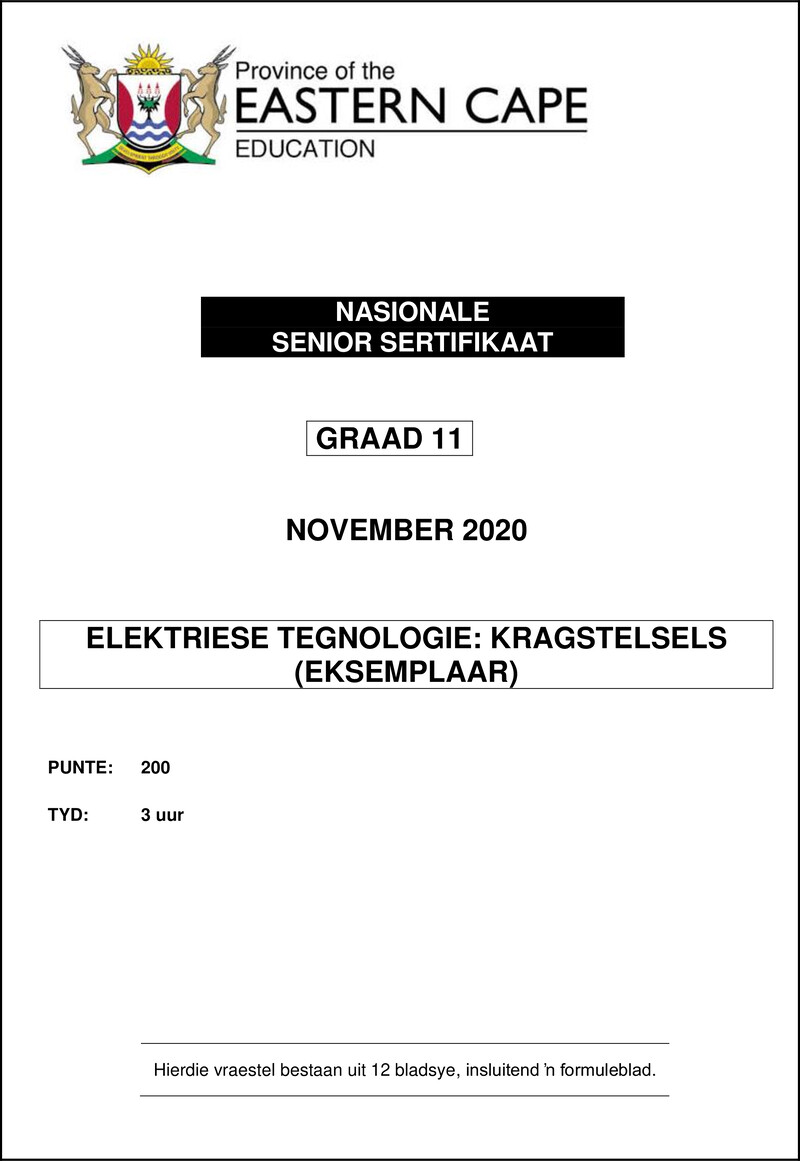 Grade 11 Elektriese Tegnologie past paper 2020 – elec tech gr11 qp nov2020 power afr