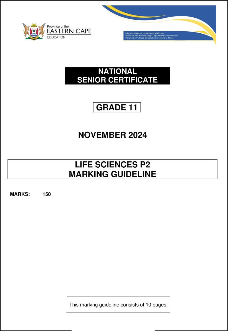 Grade 11 Life Sciences past paper 2024 – life sciences p2 gr11 memo nov2024 eng