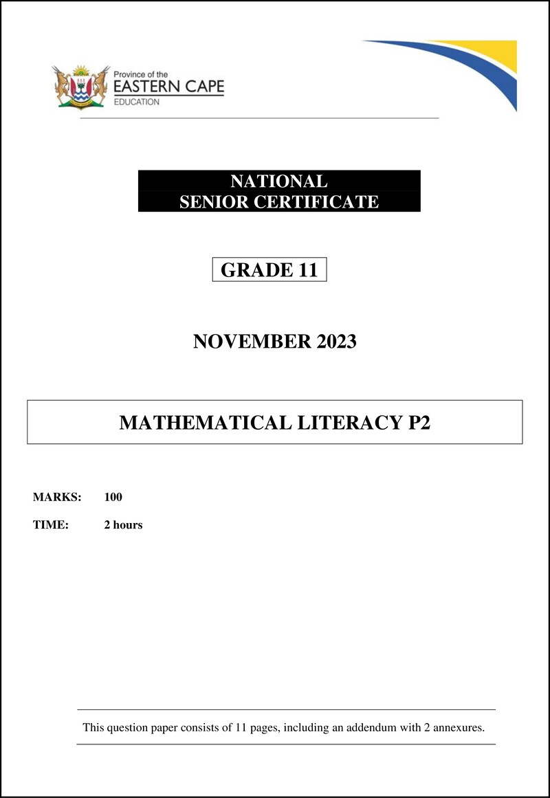 Grade 11 Mathematical Literacy past paper 2023 – maths lit p2 qp gr11 nov 2023 eng