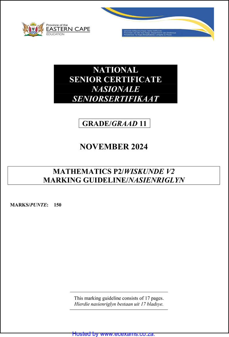 Grade 11 Wiskunde past paper 2024 – maths p2 grade 11 nov 2024 eng afr marking guideline watermark