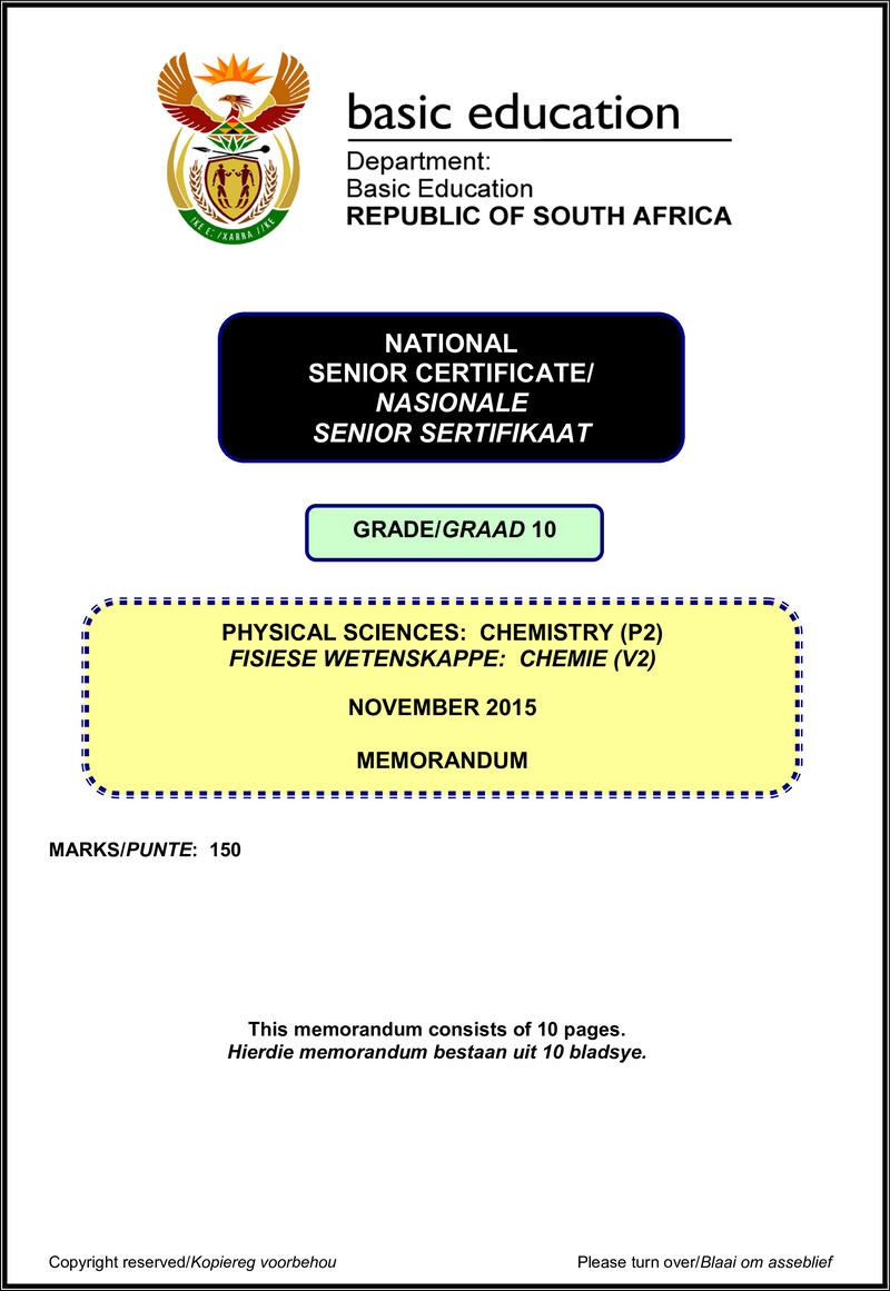 Physical Sciences P2 Grade 10 Nov 2015 Memo Afr Eng