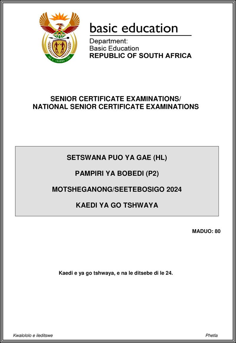 Setswana Hl P2 May June 2024 Mg