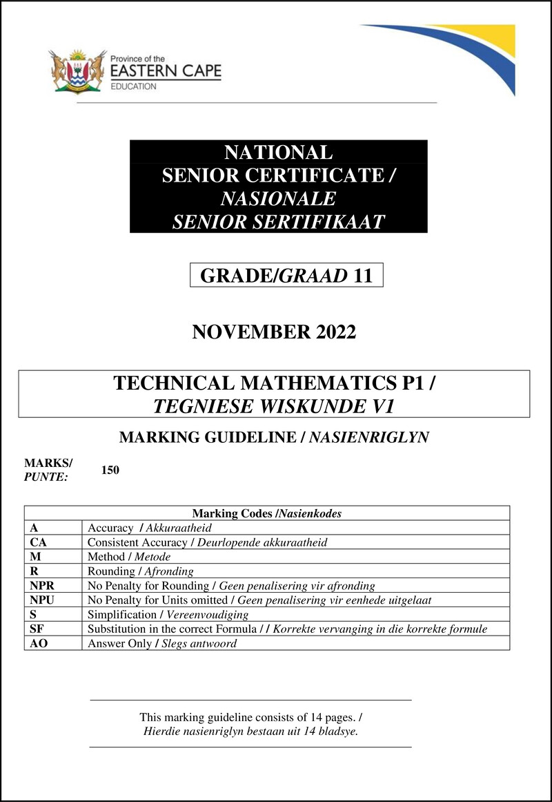 Technical Math P1 Gr11 Memo Nov2022 Afrikaans English