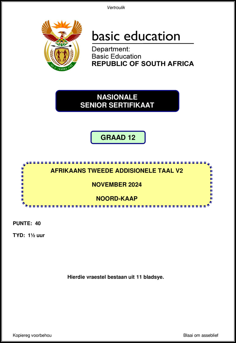 Grade 12 Afrikaans past paper 2024 – afrikaans sal p2 nov 2024 northern cape gr12