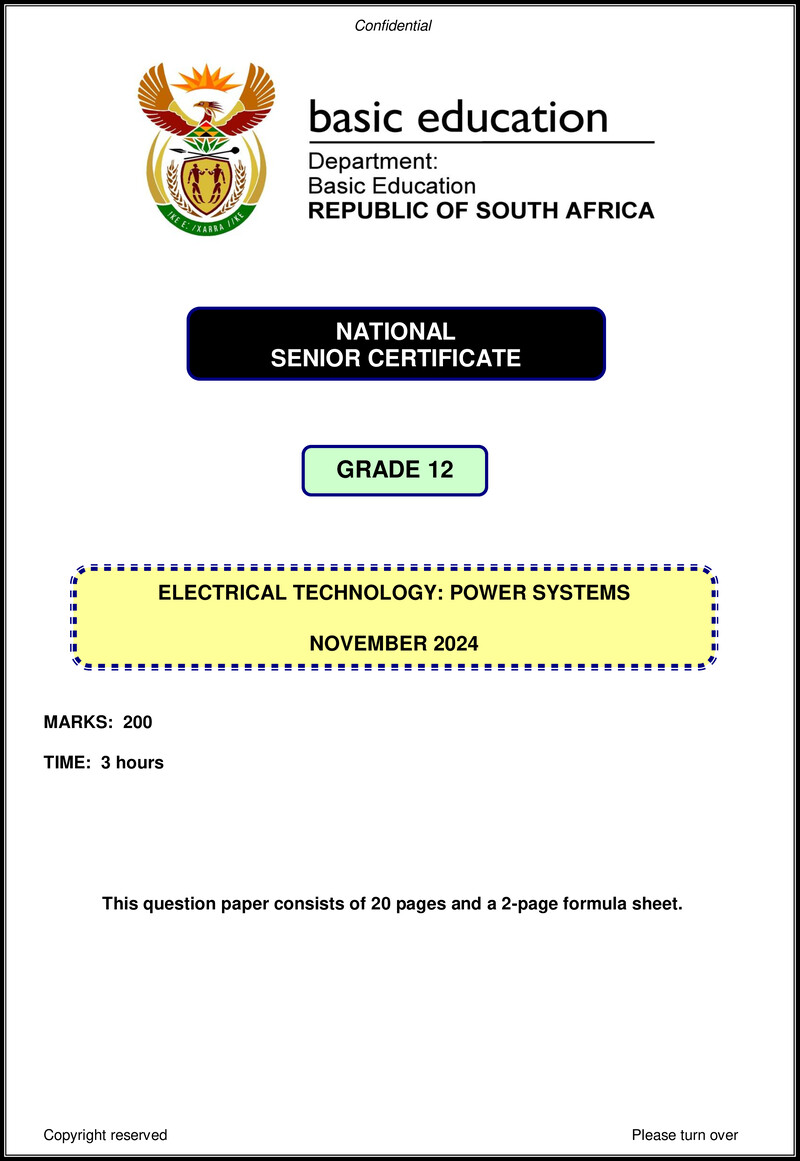 Grade 12 Electrical Technology past paper 2024 – electrical technology nov 2024 power systems eng gr12