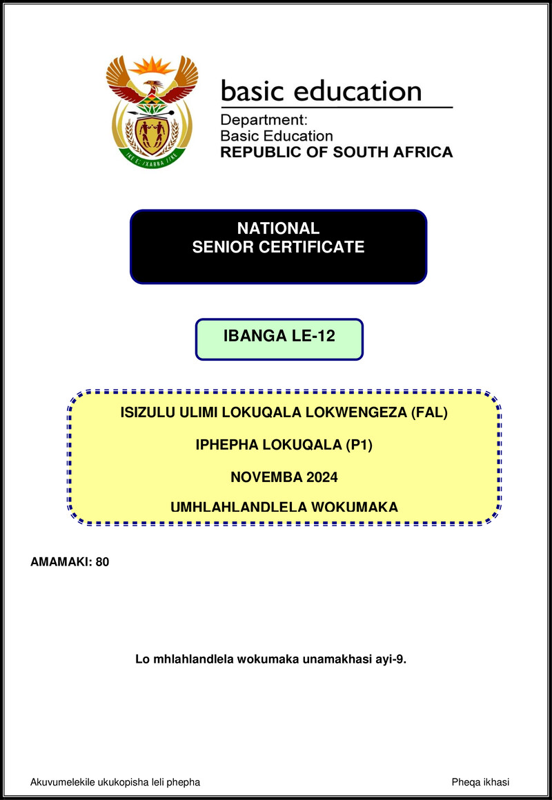 Grade 12 isiZulu past paper 2024 – isizulu fal p1 nov 2024 mg gr12
