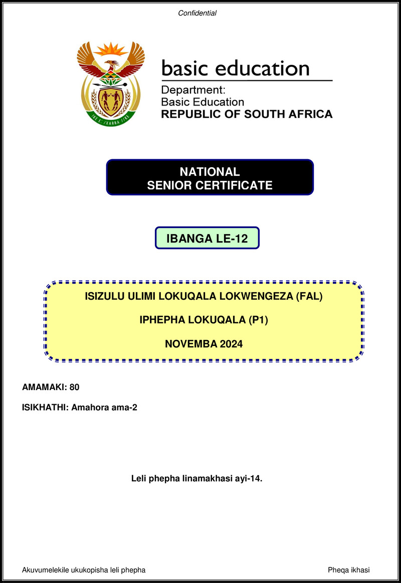 Isizulu Fal P1 Nov 2024 Gr12