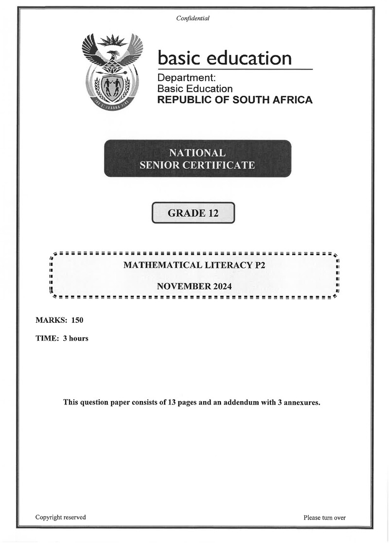 Grade 12 Mathematical Literacy past paper 2024 – mathematical literacy p2 nov 2024 eng gr12