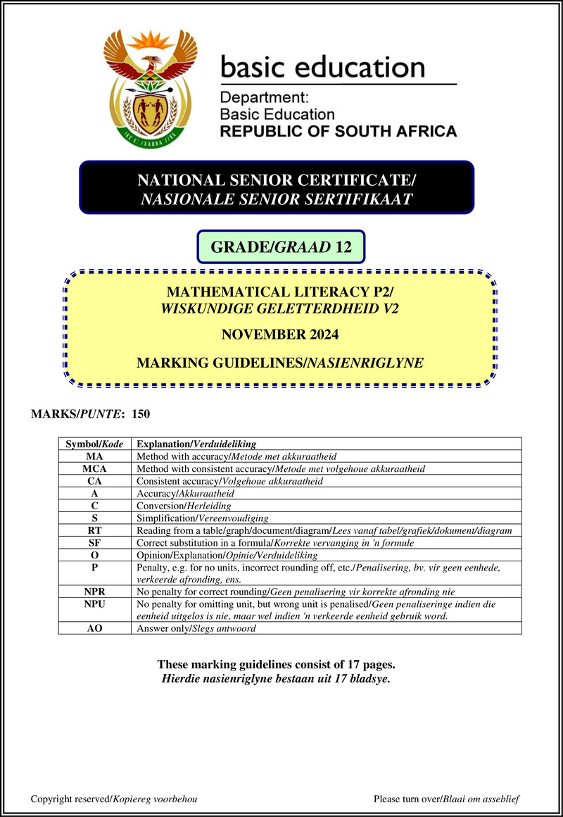 Grade 12 Mathematical Literacy past paper 2024 – mathematical literacy p2 nov 2024 mg afr eng gr12