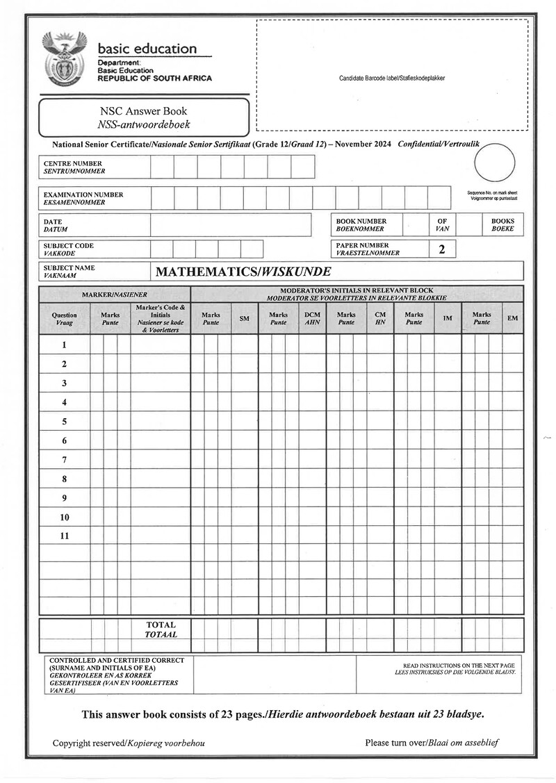 Grade 12 Mathematics past paper 2024 – mathematics p2 nov 2024 answer book afr eng gr12