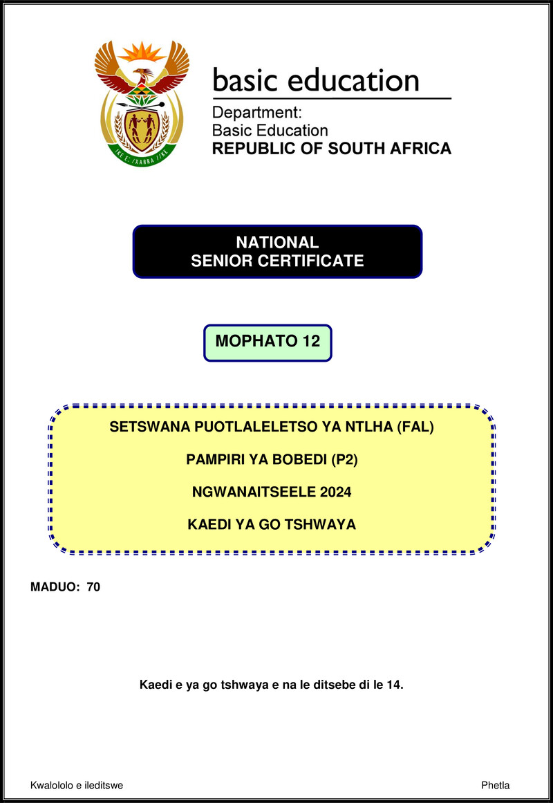 Grade 12 Setswana past paper 2024 – setswana fal p2 nov 2024 mg gr12