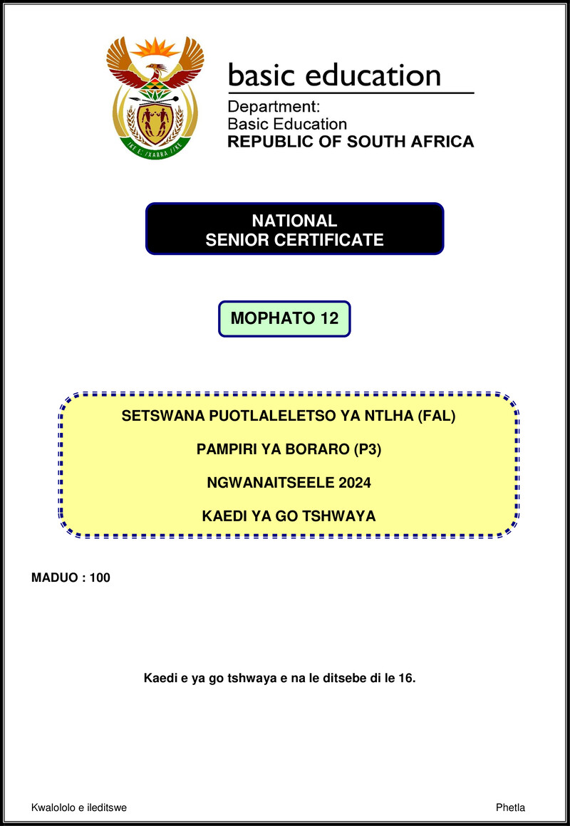 Grade 12 Setswana past paper 2024 – setswana fal p3 nov 2024 mg gr12